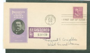 US 831 1938 50c William Howard Taft (part of the Presidential/prexy series) single on an addressed first day cover with an Ioor