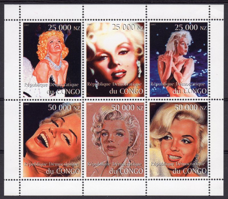 Marilyn Monroe Sheetlet (6) Perforated MNH Zaire (Congo Kinshasa) 1997 RARE !!!