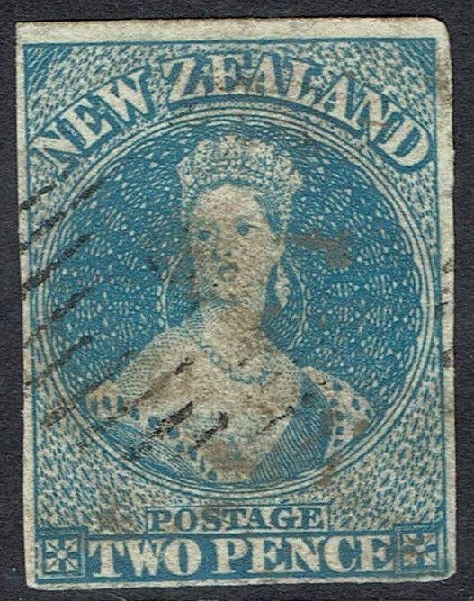 NEW ZEALAND 1857 QV CHALON 2D IMPERF NO WMK ON WHITE PAPER USED