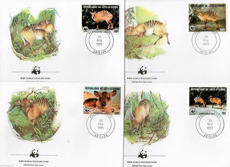 Ivory Coast 1985 WWF Zebra Duiker Antelope Deer Wildlife Animal Sc 764-67 FDCs