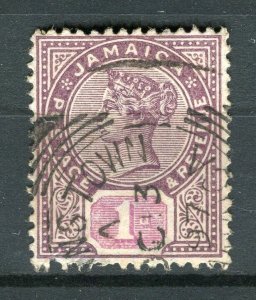 JAMAICA; 1890s early classic Crown CA Wmk. used Shade of 1d. value