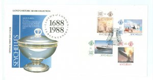 Seychelles 2 1988 Lloyd's of London Tercentenary (set of four) on an unaddressed, cacheted first day cover.