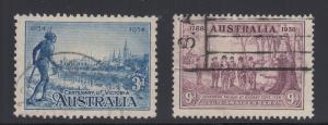 Australia Sc 143a, 165 used 1934 & 1938 issues, 2 better singles, F-VF