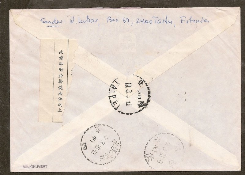 Estonia  Registered Cover to Taiwan