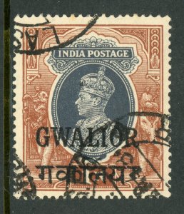 British India 1945 Gwalior KGVI Official 1 Rupee Scott #O48 VFU E179