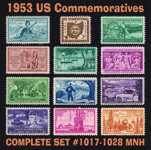 US 1953 Commemorative Year Set = Full Set of 12 MINT VF NH Scott 1017 - 1028