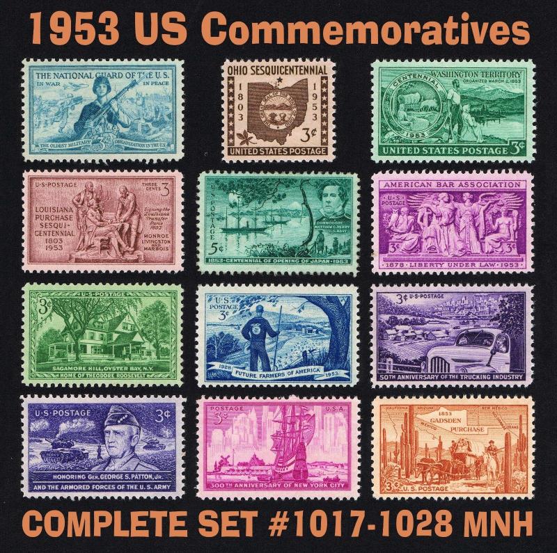 US 1953 Commemorative Year Set = Full Set of 12 MINT VF NH Scott 1017 - 1028