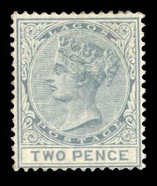 Lagos #17 Cat$100, 1882 2p gray, hinged