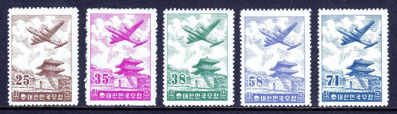 KOREA — SCOTT C12-C16 — 1955 DOUGLAS DC-7 AIRMAIL SET — MH — SCV $19.50
