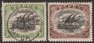 PAPUA 1910 Lakatoi Large Papua ½d & 2/6, perf OS, perf 11.