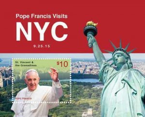 St. Vincent 2015 - Pope Francis Visits NYC, Liberty - Souvenir Sheet - MNH