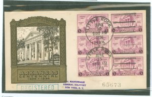 US 782 1936 3c Arkansas Centennial (block of six) on an addressed, registered first day cover with an unknown cachet.