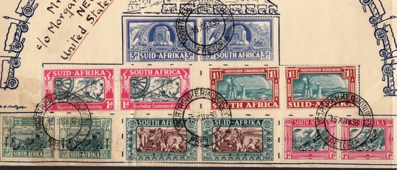 1938 South Africa Voortrekker Monument cover two sets Sc# B5 B6 B7 B8 79 80