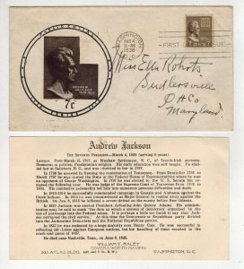 1938 PRESIDENTIAL SERIES 812 ANDREW JACKSON RALEY FDC & INFO TEXT CARD