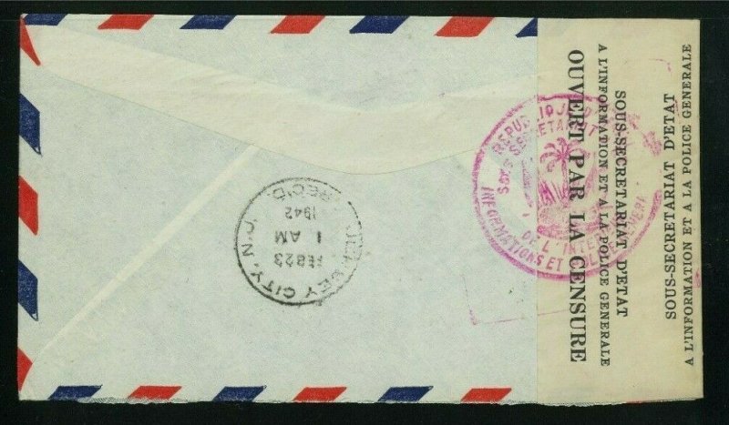 Haiti 1942 Censored Airmail Port au Prince to NJ franked solo Scott C12