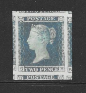 GB QV 1841, 2d Deep Full BLUE, PLATE 4, SG14-E1(3) (SH) VG USED, 4 MARGINS