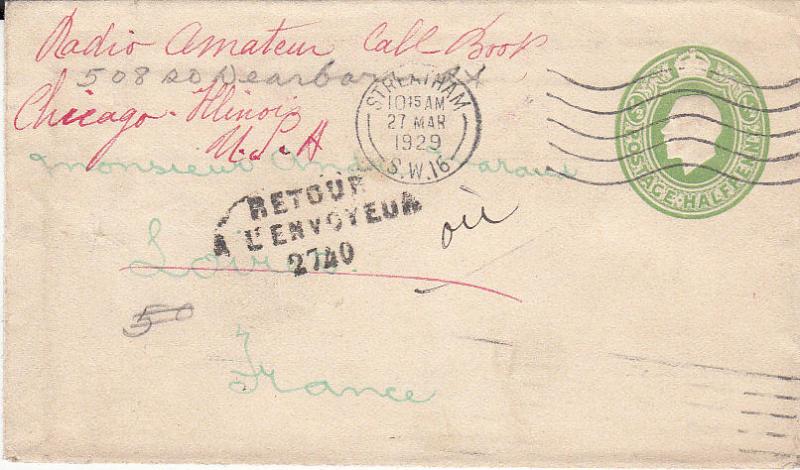 UK 1929 Envelope Sent to France, Returned to Sender in US