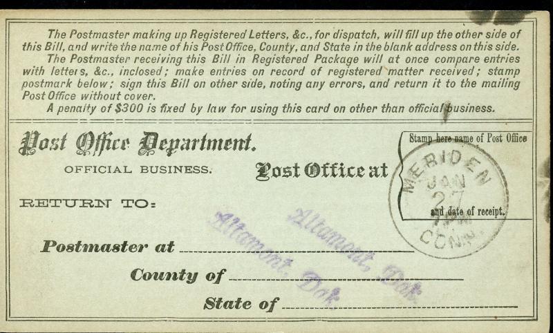 US REGISTRY BILL ALTAMONT, DAKOTA TERRITORY 1/20/86 TO MERIDIEN, CT 1/27 RARE