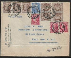 France, 1947 Airmail Cover, franked with 11 Stamps, from Paris to New York