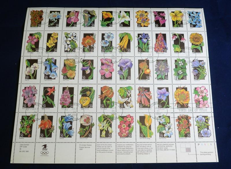 USA First Day Issue PRECANCEL Stamps Postage Sc #2647-2696 29¢ Wildflowers Sheet