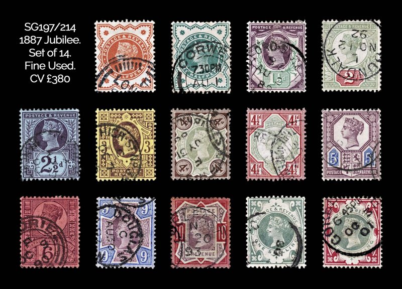 3965: GB: QV SG197/214 1887 Jubilee Issue Set of 14. Fine Used. Interesting P...