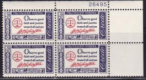 United States 1960 4c violet American Credo Washinton. Plate Nr. Block  VF/NH