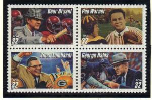 #3143-46 MNH blk/4 32c Football Coaches 1997 Issue