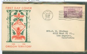 US 783 1936 3c Oregon Territory (single) on an addressed (typed) FDC with a Lewis Becker cachet and a Daniel, WY cancel.