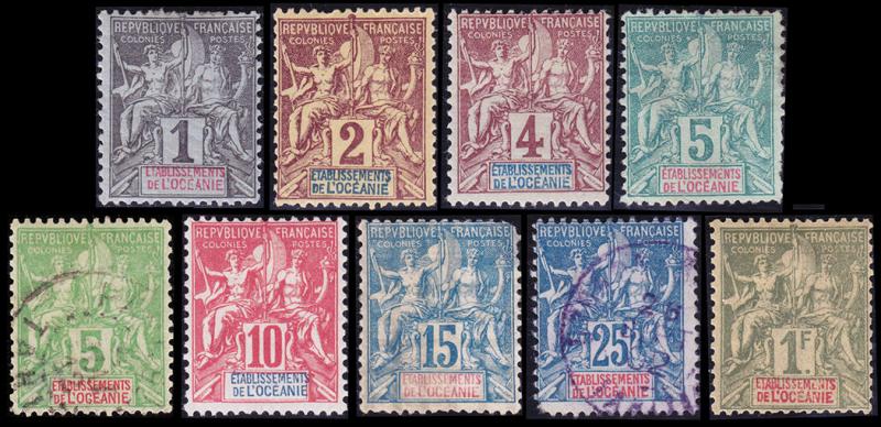 French Polynesia Scott 1-5, 7-8, 12, 20(1892-1907) Mint/Used H F-VF, CV $88.40 B