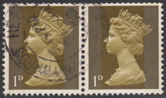 Great Britain 1967-69 used Sc #MH2 1p Machin 2-bar Pair