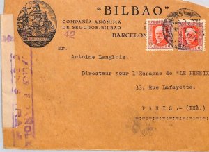 SPAIN Cover Barcelona *SPANISH CIVIL WAR* CENSOR 1937 Paris SHIPS Advert YG186