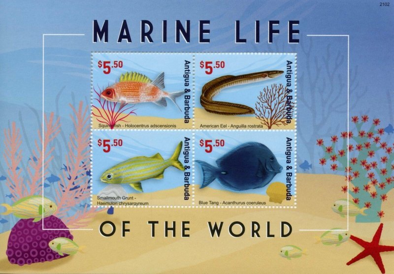 Antigua & Barbuda Fish Stamps 2021 MNH Marine Life World Eels Fishes Tang 4v M/S