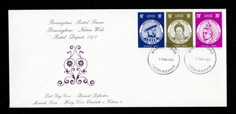 1971 STRIKE POSTAL DISPUTE BIRMINGHAM LAST DAY COVER BARRINGTON DECIMAL ISSUE