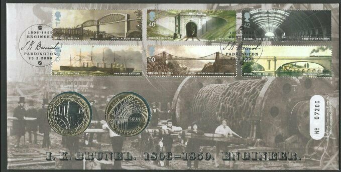 GB  BRUNEL 2006 ROYAL MINT FDC + 2 X £2 BRUNEL COINS UNC...................65500