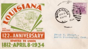 United States 1934 Cachet Cover Louisiana 122nd Anniversary