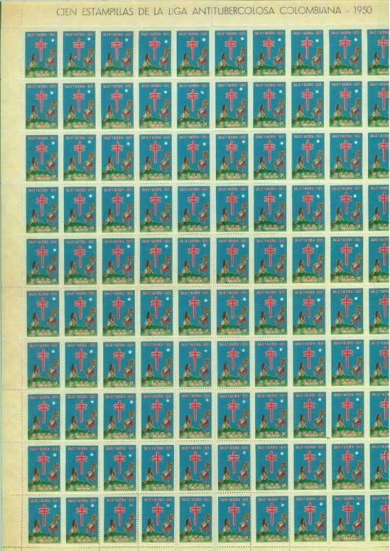 84267 - COLOMBIA - Benefical STAMPS - TUBERCULOSIS full sheet of 100! 1950