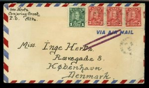 Conjuring Creek, Alta. to DENMARK JUSQU'A airmail 10c to coast 1932 cover Canada