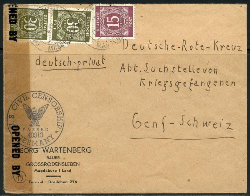 GERMANY ALLIED ZONE NUMERALS ON COVER US CIVIL CENSORSHIP MAGDEBURG TO GENEVA
