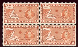 Newfoundland 1937 KGVI Coronation 3c orange-brown block of four MNH. SG 258c.