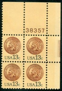 1978 Indian Head Penny Plate Block of 4 13c Postage Stamps, Sc# 1734, MNH, OG