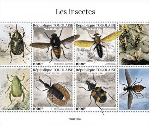 Togo - 2022 Insects, Robber Fly, Violin Beetle - 4 Stamp Sheet - TG220116a