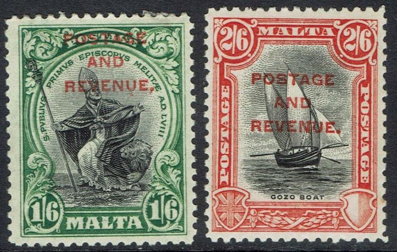 MALTA 1928 PICTORIAL OVERPRINTED POSTAGE AND REVENUE 1/6 AND 2/6 