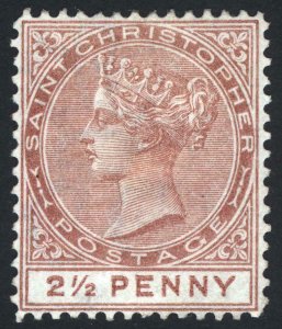 St Christopher 1879 2.5d Red Brown WMK CC PERF14 SG 7 Sc 5 MM/MH Cat £190($243)