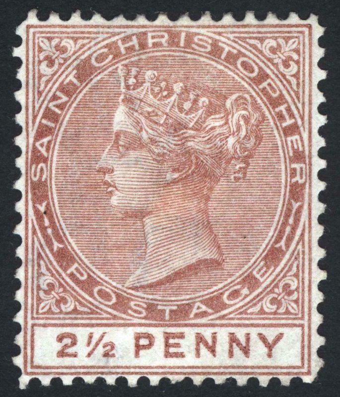 St Christopher 1879 2.5d Red Brown WMK CC PERF14 SG 7 Sc 5 MM/MH Cat £190($243)