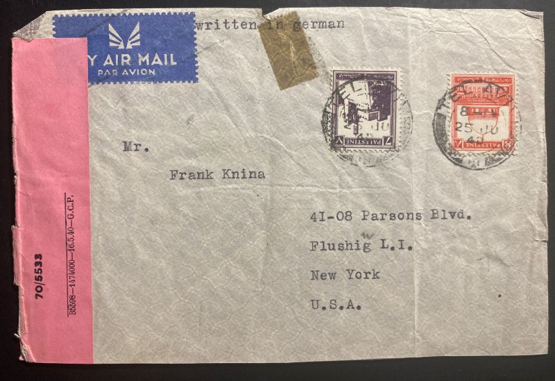 1940 Tel Aviv Palestine Censored Airmail Cover To Flushing NY USA 