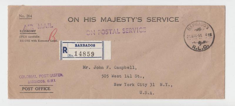 BARBADOS R.L.O. -USA 1951 OHMS REG COVER, ON POSTAL SERVICE H/S, AIR (SEE BELOW)