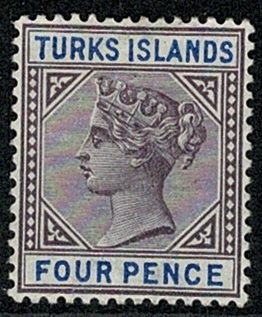 TURKS & CAICOS QV 1893-95 4d PURPLE & BLUE UNUSED(MH) SG71 Wmk.Cr CA P.14 VGC