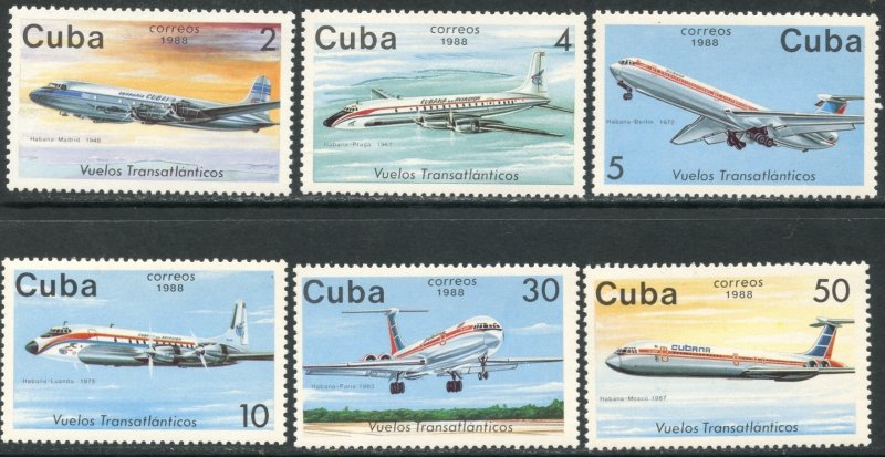 CUBA Sc#3028-3033 1988 Transatlantic Airlines Airplanes Complete Set OG Mint NH