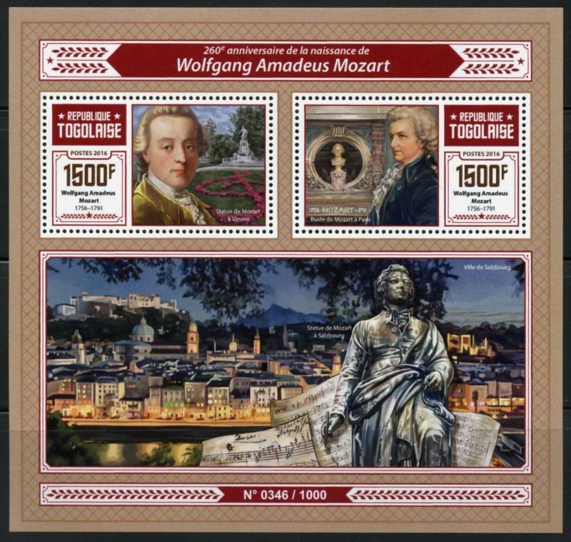 TOGO  2016  260th BIRTH OF WOLFGANG AMADEUS MOZART SHEET  MINT NH