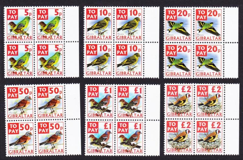 Gibraltar Birds Finches Postage Due 6v Blocks of 4 SG#D26-D31 SC#J26-J31